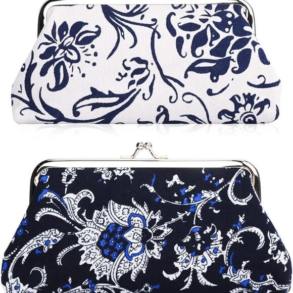 2 Packs Large Floral Coin Purses Canvas Cash Wallet Make Up Bag Vintage Change P - Picture 1 of 9